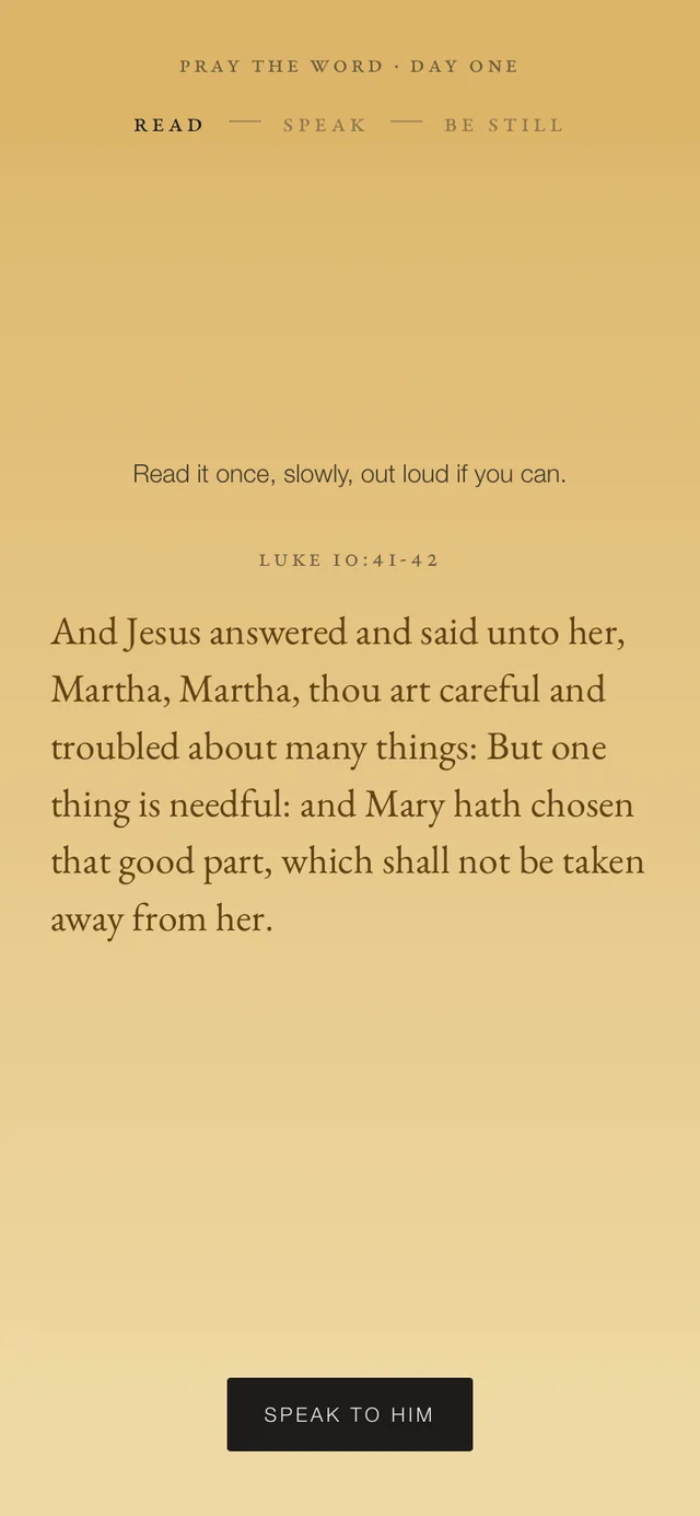 Pray the Word: the day's passage, read once, on a gold screen.
